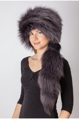 Dark blue fox fur hat with tail